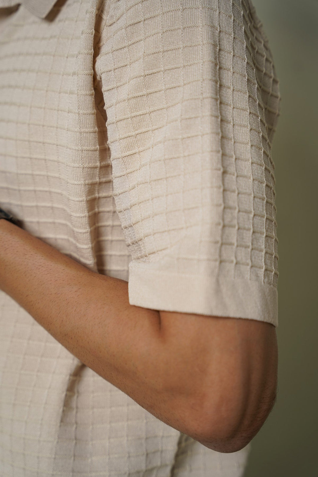 CREAM WAFFLE-KNIT SHIRT