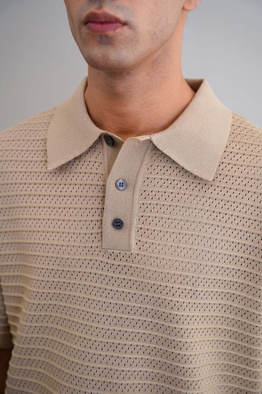 BEIGE KNITTED MESH POLO