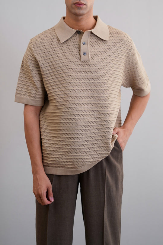 BEIGE KNITTED MESH POLO