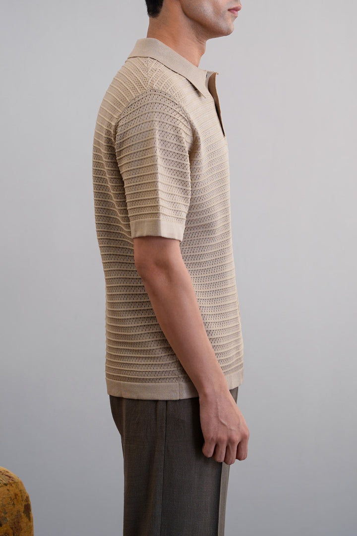 BEIGE KNITTED MESH POLO