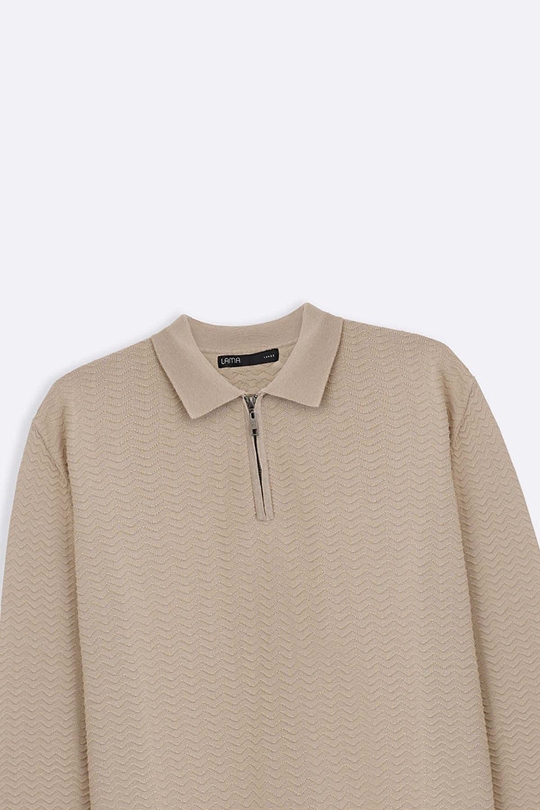 BEIGE RIPPLE-KNIT POLO SWEATER