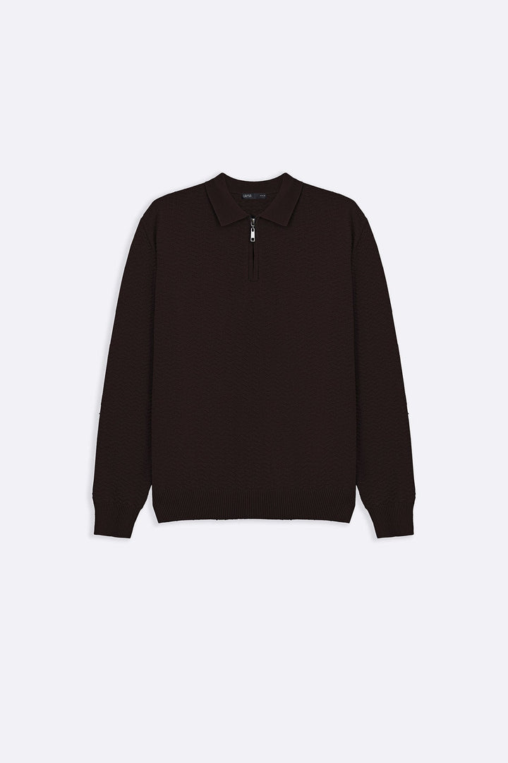 DARK BROWN RIPPLE-KNIT POLO SWEATER