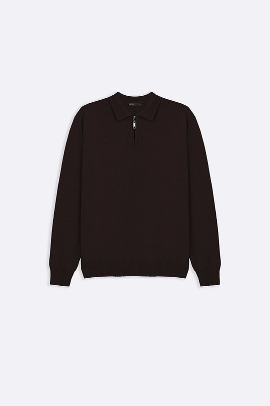 DARK BROWN RIPPLE-KNIT POLO SWEATER