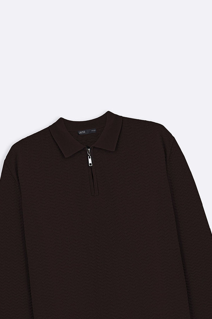 DARK BROWN RIPPLE-KNIT POLO SWEATER