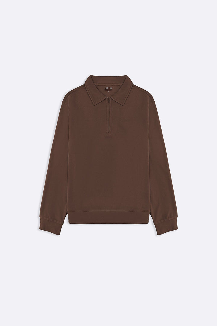 BROWN ZIPPER POLO SWEATSHIRT