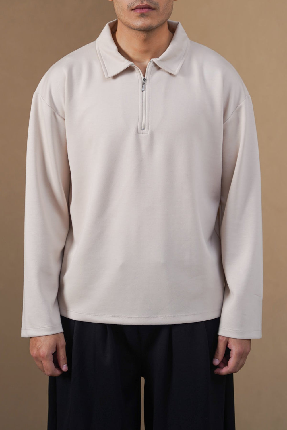 BEIGE QUARTER-ZIP POLO