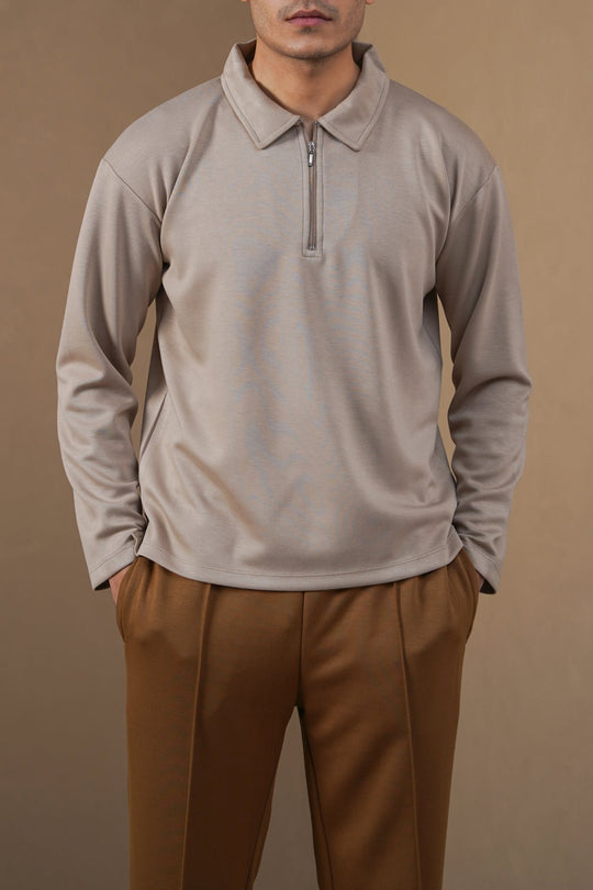 KHAKI QUARTER-ZIP POLO