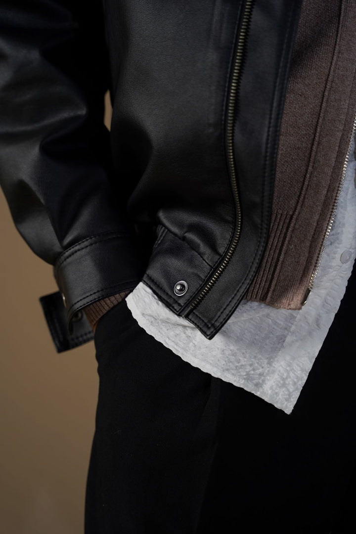 BLACK OVERSIZED FAUX LEATHER BOMBER