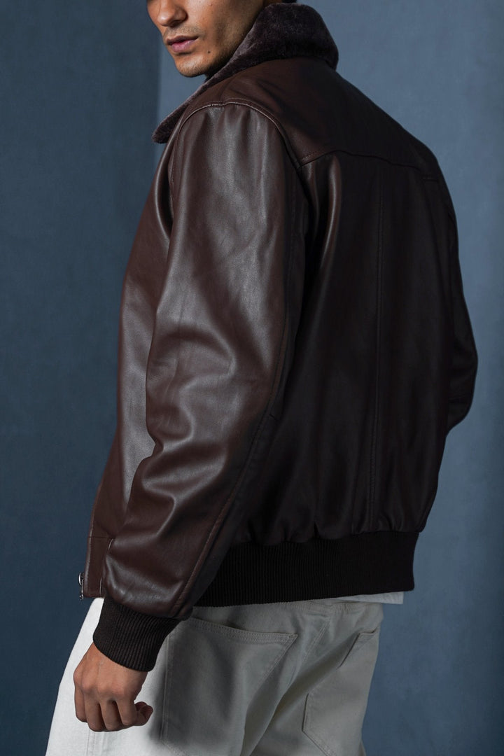 BROWN LEATHER JACKET WITH DETACHABLE COLLAR