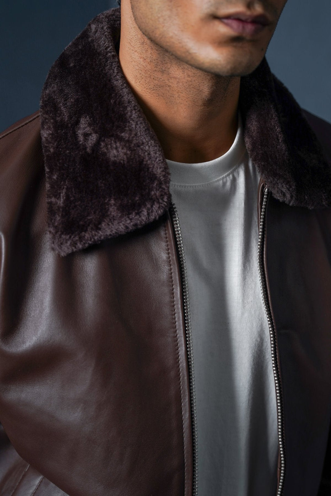 BROWN LEATHER JACKET WITH DETACHABLE COLLAR