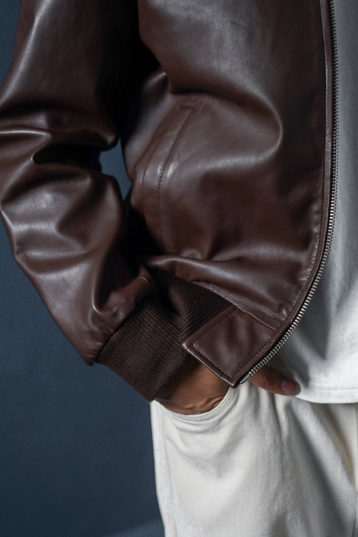 BROWN LEATHER JACKET WITH DETACHABLE COLLAR