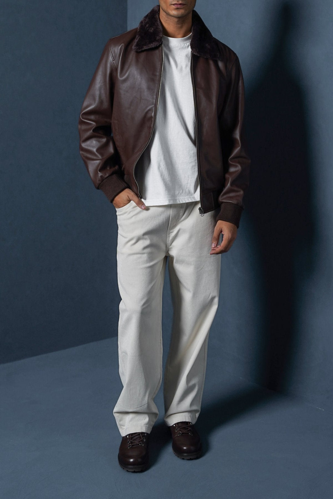 BROWN LEATHER JACKET WITH DETACHABLE COLLAR