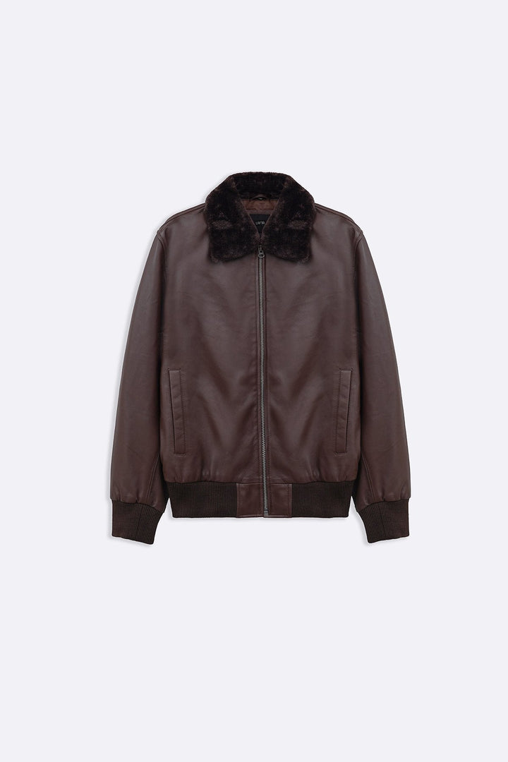 BROWN LEATHER JACKET WITH DETACHABLE COLLAR