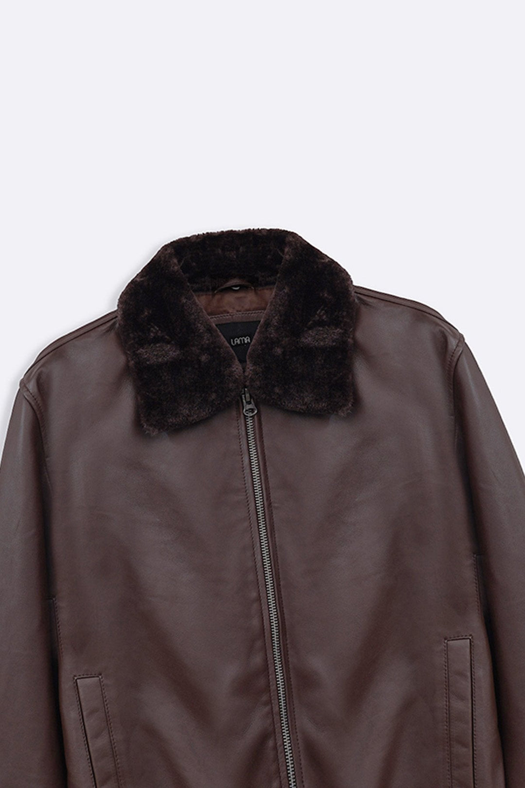 BROWN LEATHER JACKET WITH DETACHABLE COLLAR