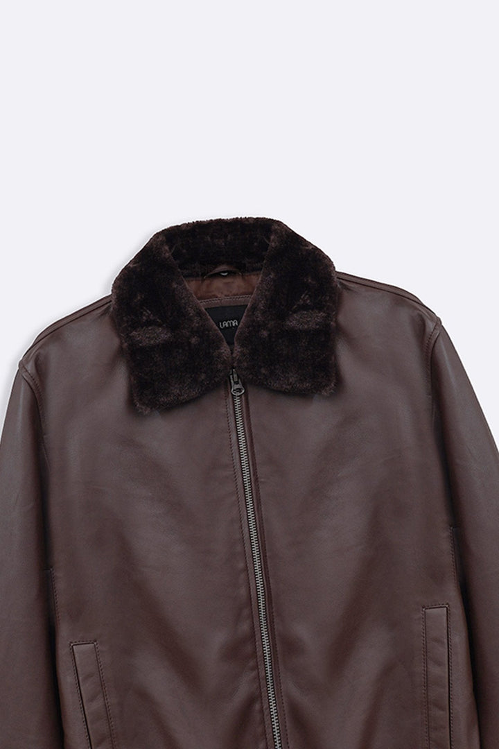 BROWN LEATHER JACKET WITH DETACHABLE COLLAR