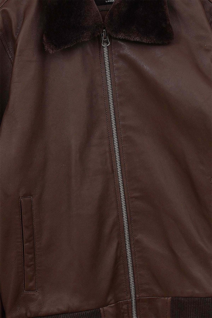 BROWN LEATHER JACKET WITH DETACHABLE COLLAR