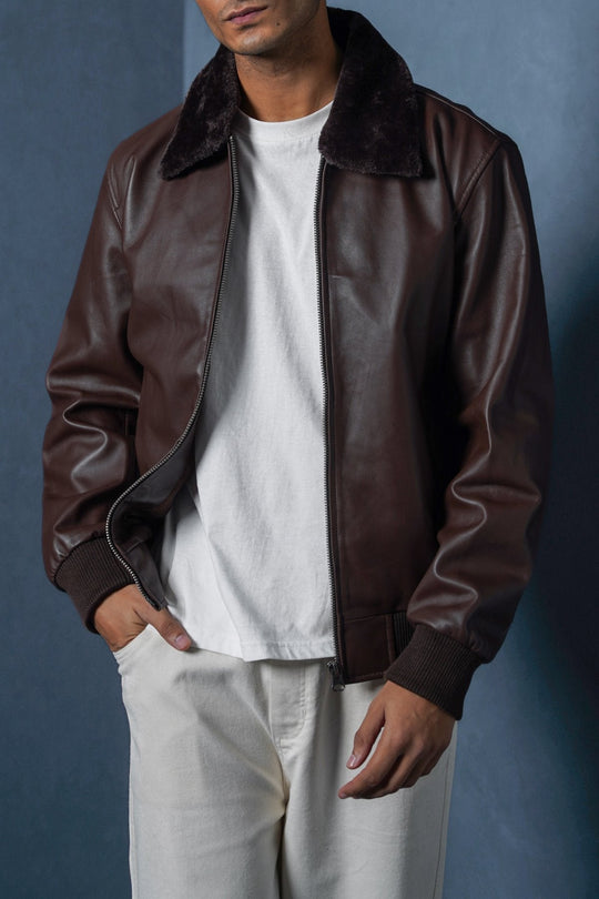 BROWN LEATHER JACKET WITH DETACHABLE COLLAR