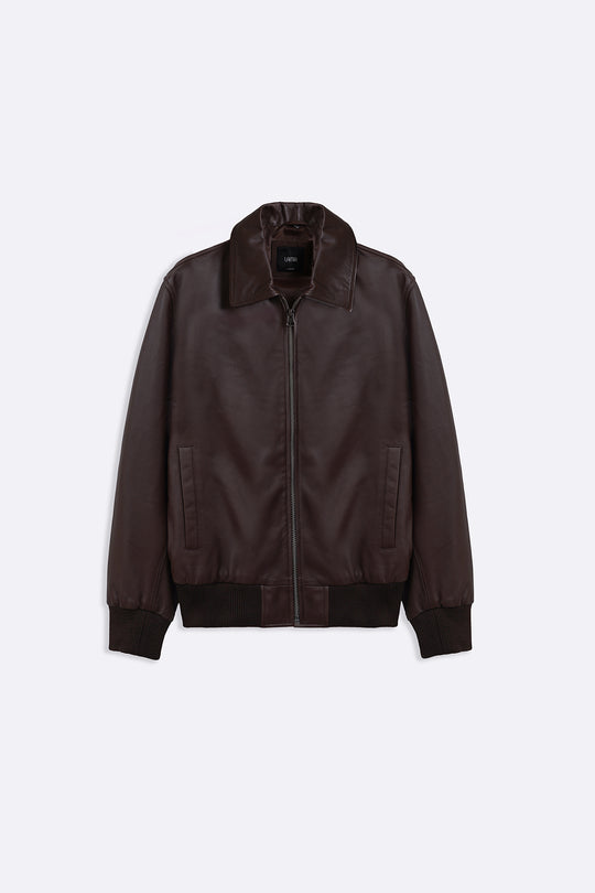 BROWN LEATHER JACKET WITH DETACHABLE COLLAR