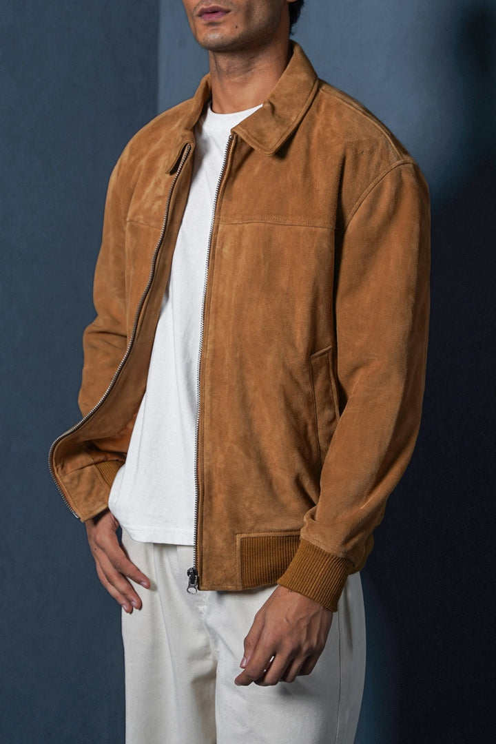 COGNAC SUEDE BOMBER JACKET
