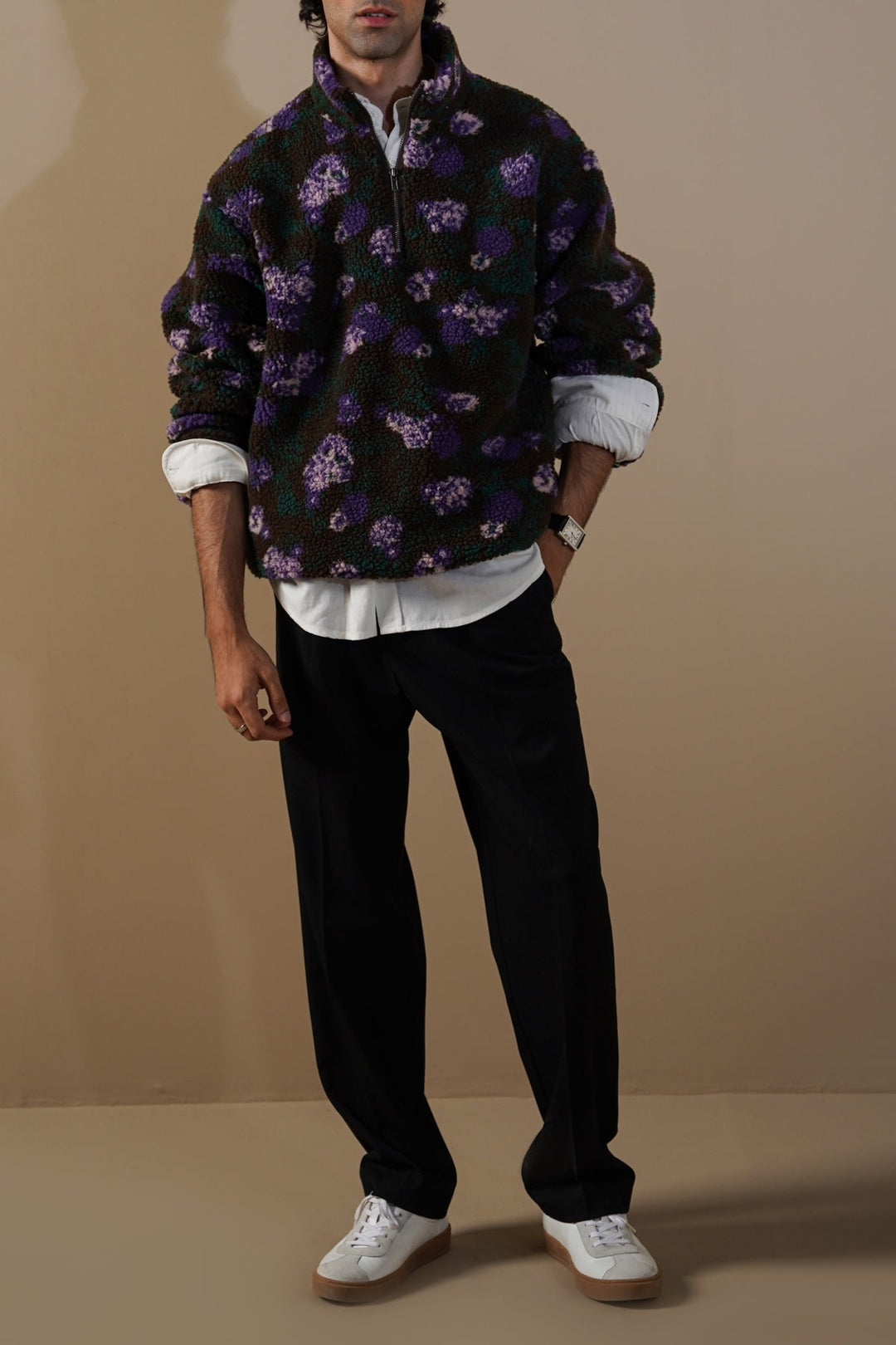 DARK BROWN BLOOM SHERPA PULLOVER