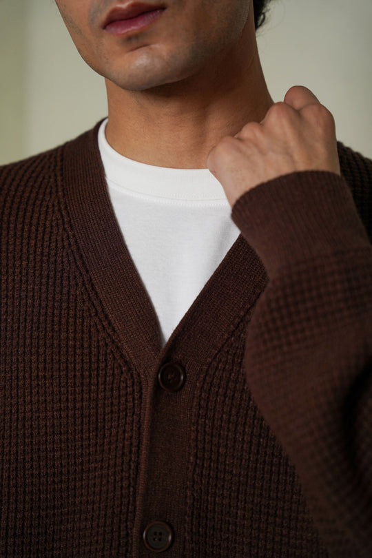 BROWN WAFFLE KNIT CARDIGAN