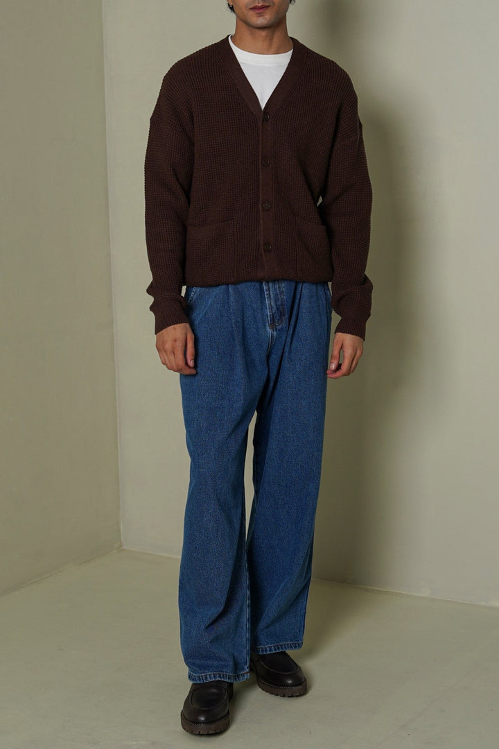 BROWN WAFFLE KNIT CARDIGAN