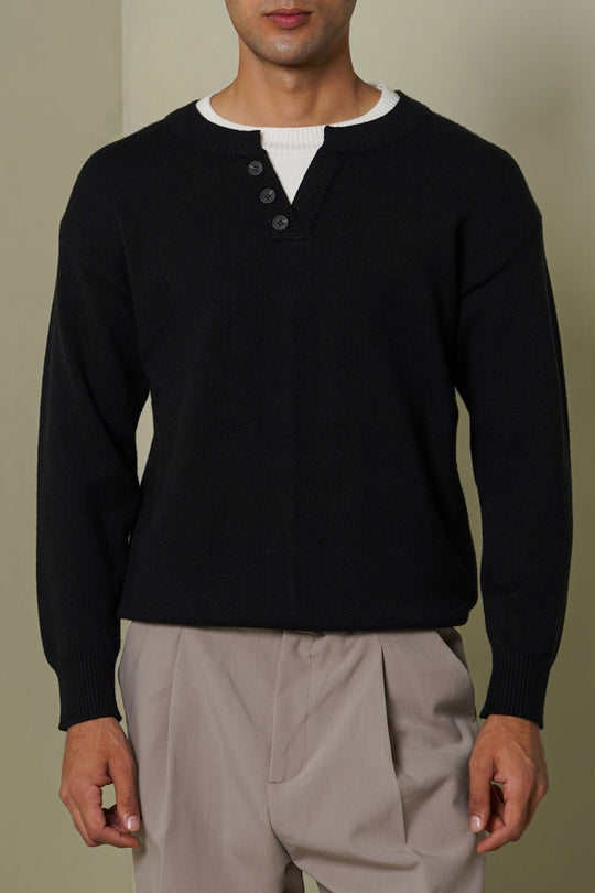 BLACK CAMPUS HENLEY SWEATER