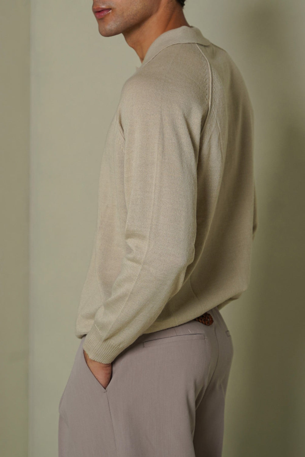 BEIGE WOOL BLEND POLO SWEATER