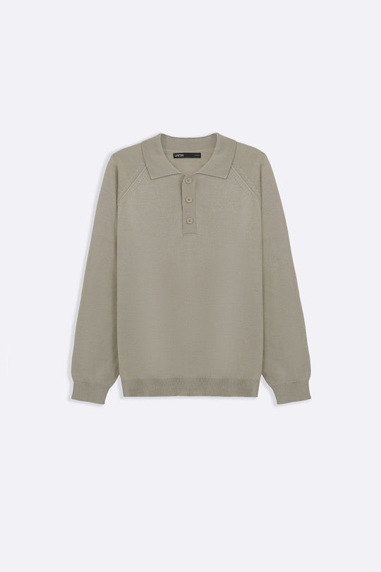 BEIGE WOOL BLEND POLO SWEATER
