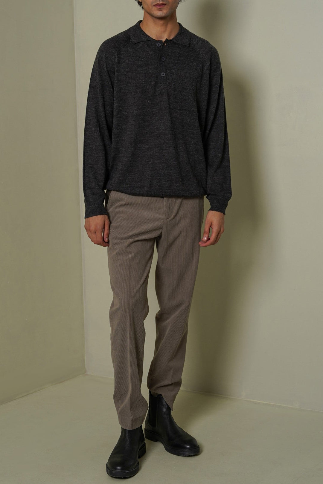GREY WOOL BLEND POLO SWEATER
