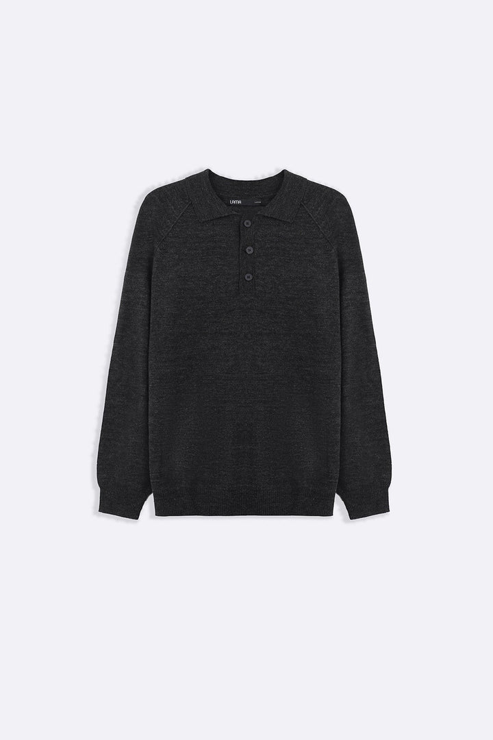 GREY WOOL BLEND POLO SWEATER