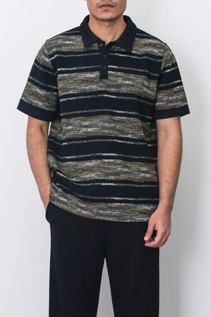 BLACK STRIPED HEAVY TEXTURED POLO