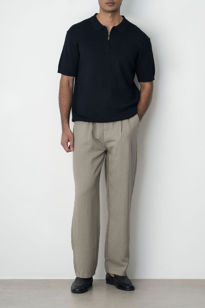 BLACK RIBBED ZIPPER POLO