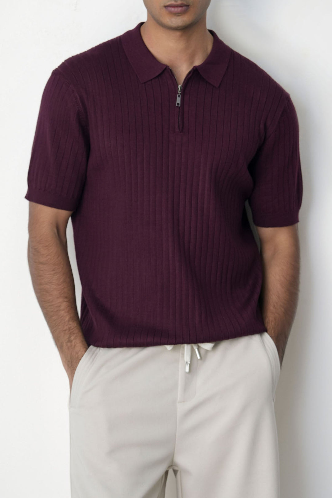 MAROON RIBBED ZIPPER POLO