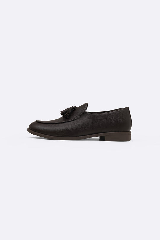 DARK BROWN GRAINED LEATHER TASSEL LOAFERS