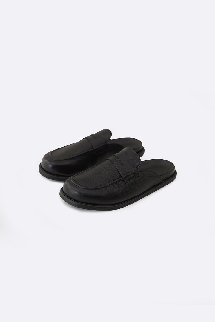 BLACK GRAIN LEATHER MULES