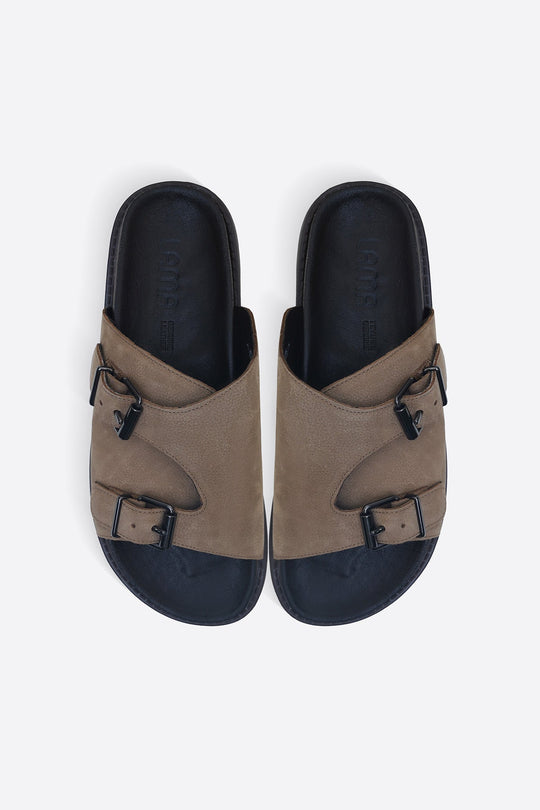 TAUPE VANTA LEATHER SLIDES
