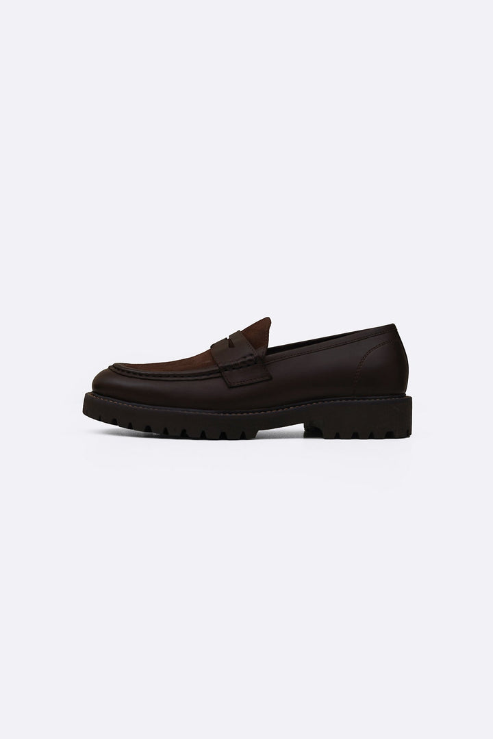 DARK BROWN LEATHER & SUEDE PENNY LOAFERS