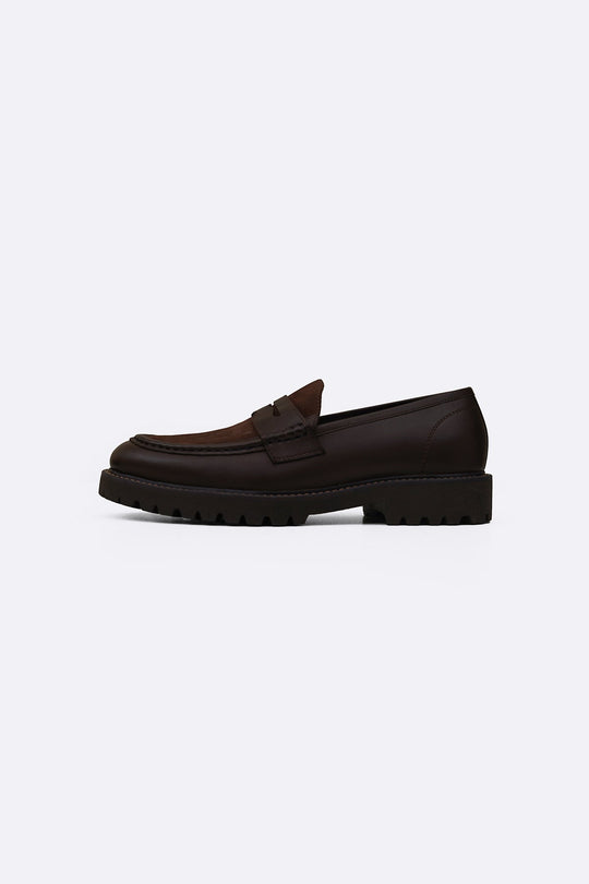 DARK BROWN LEATHER & SUEDE PENNY LOAFERS