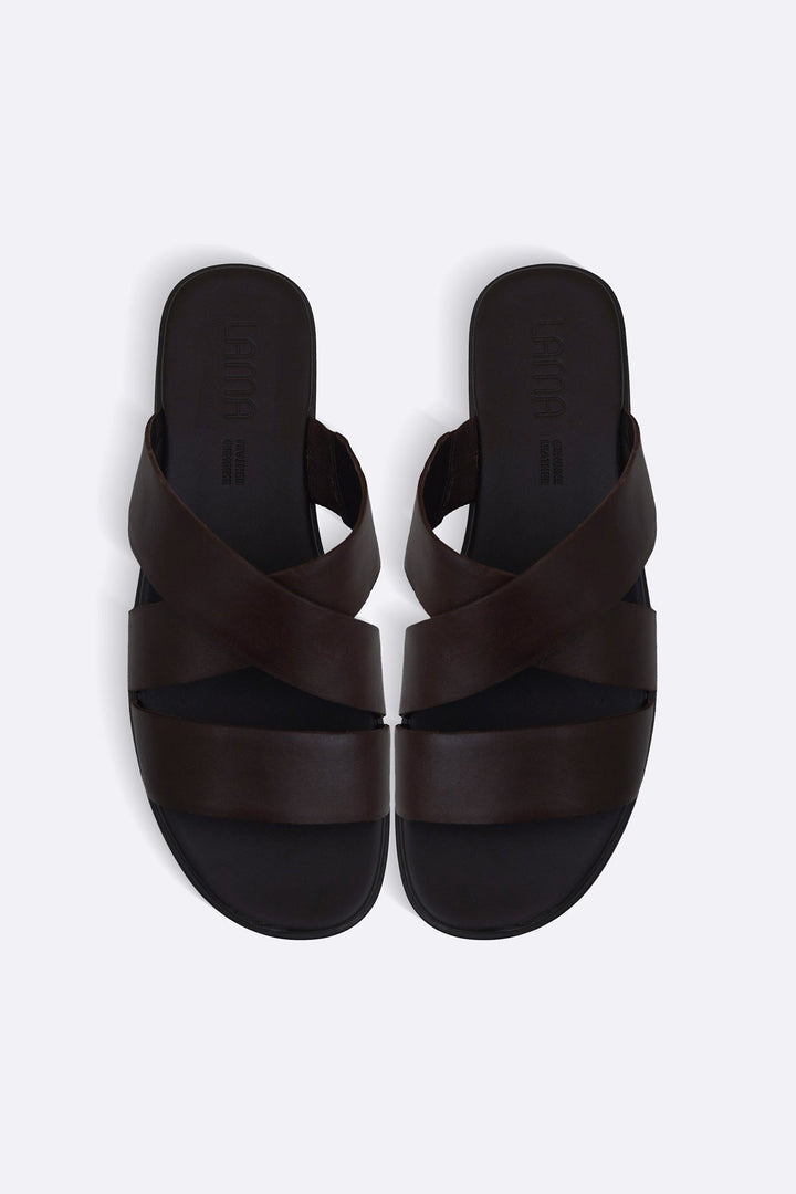 DARK BROWN CROSS LEATHER SLIDES