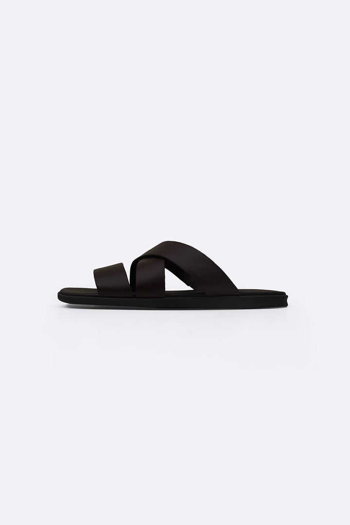 DARK BROWN CROSS LEATHER SLIDES