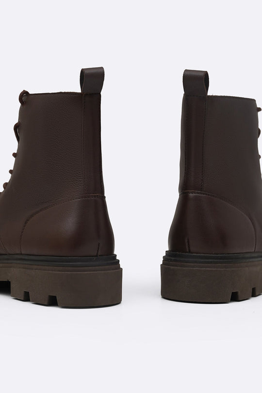 DARK BROWN CHUNKY LEATHER BIKER BOOTS