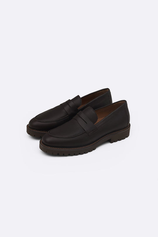 COFFEE CHUNKY LEATHER LOAFERS