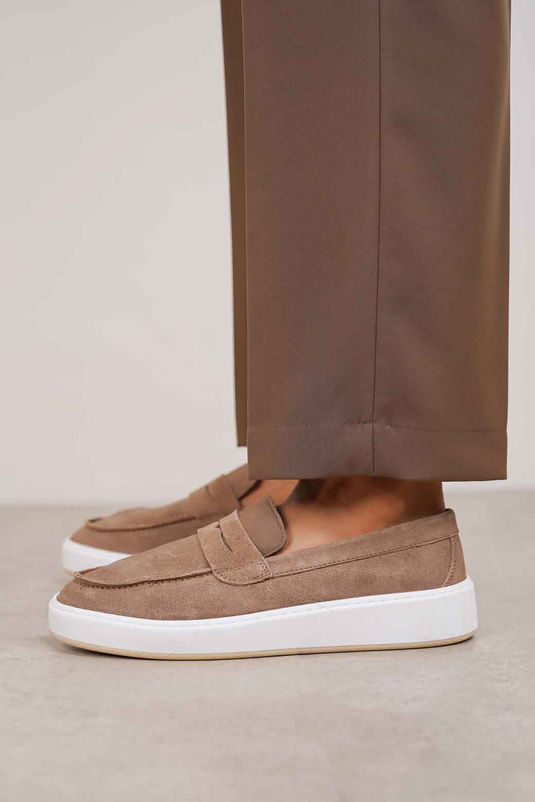 TAUPE SUEDE PENNY LOAFERS