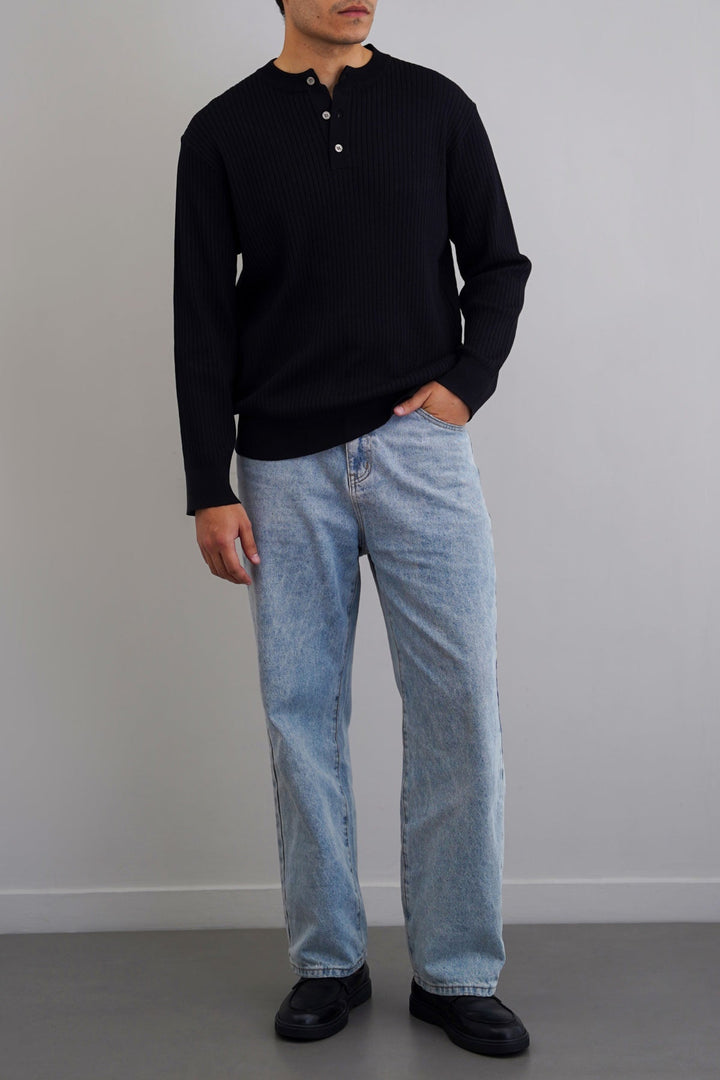 BLACK RIBBED HENLEY