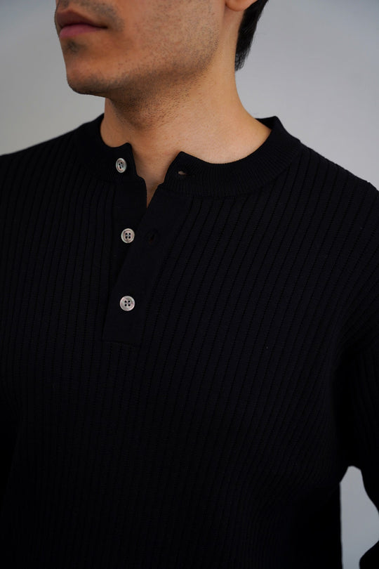 BLACK RIBBED HENLEY