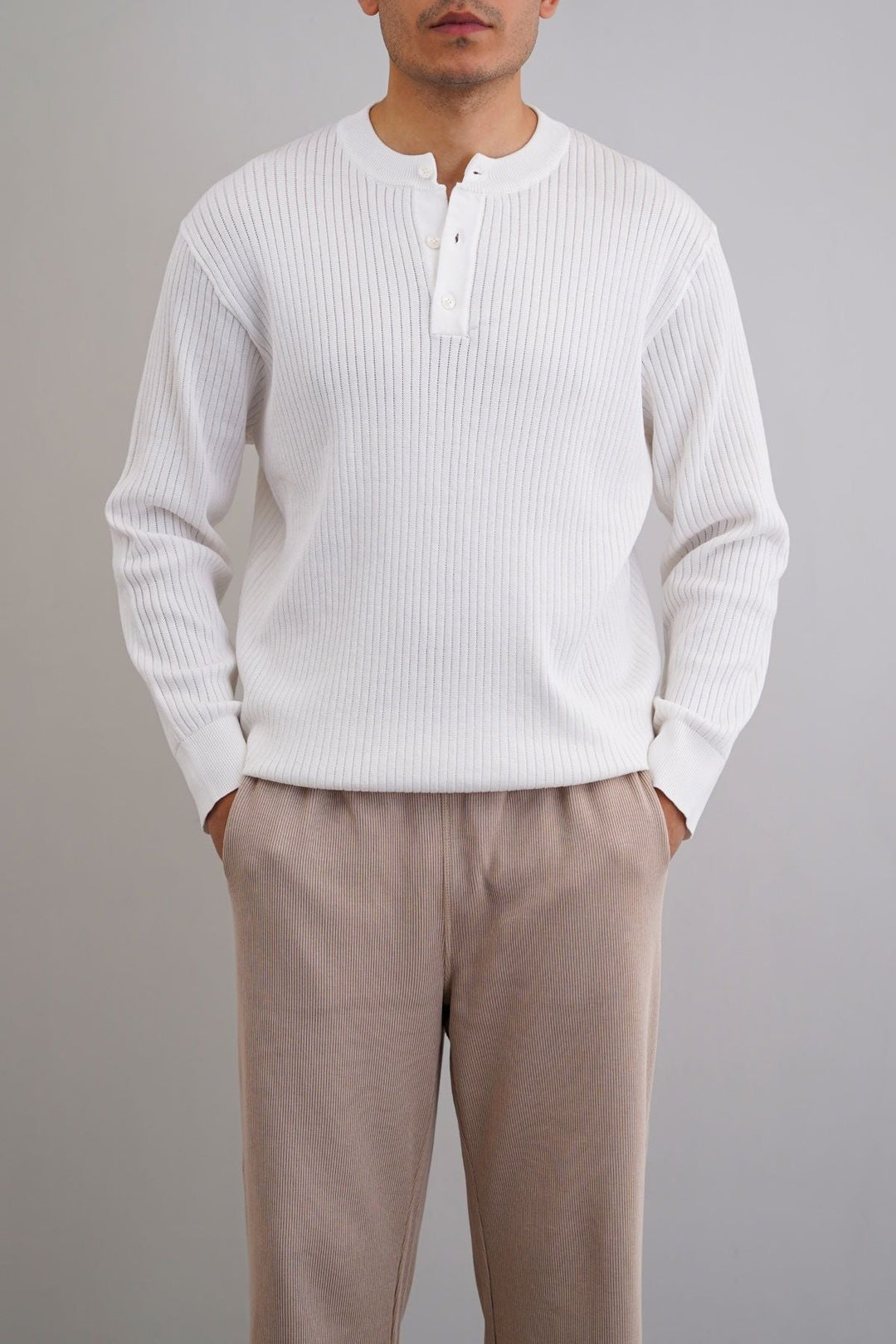WHITE RIBBED HENLEY