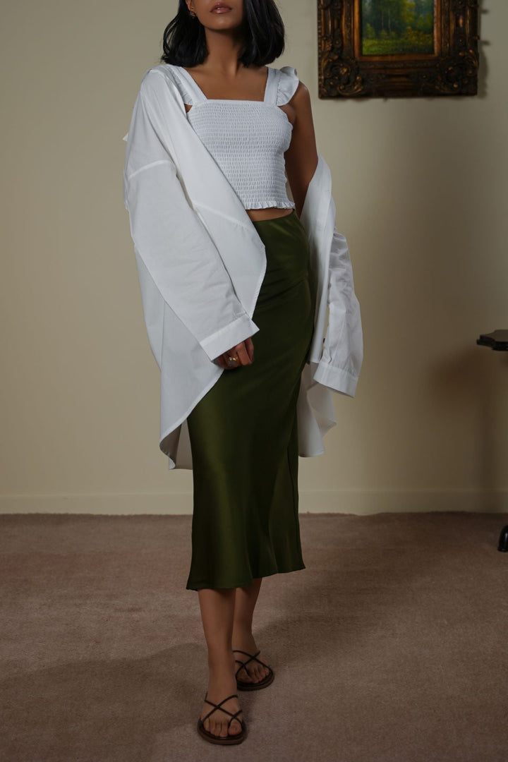 GREEN SATIN LONG SKIRT