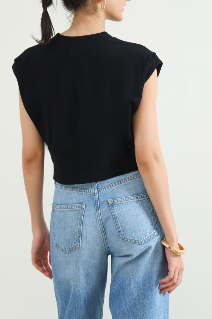 BLACK CROPPED SHOULDER T-SHIRT