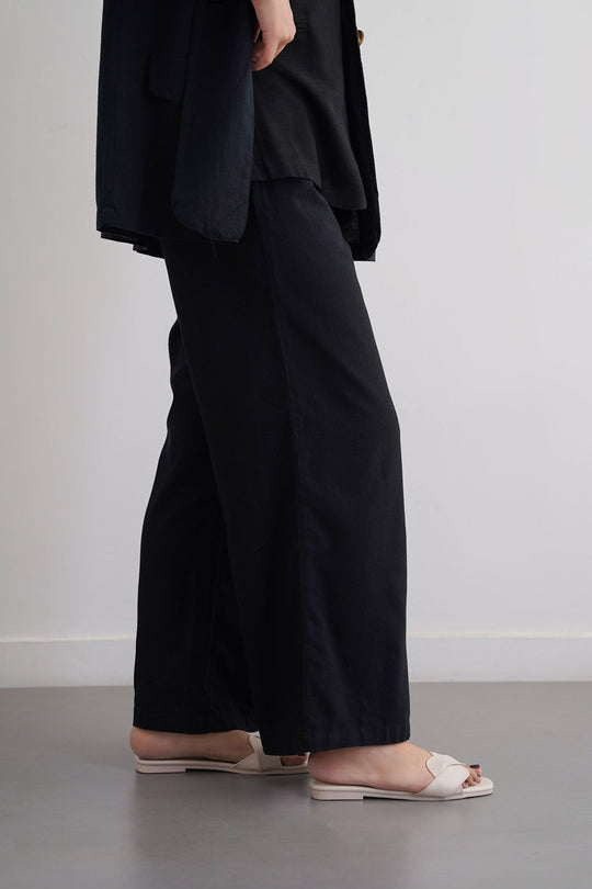 BLACK LINEN EASY TROUSERS